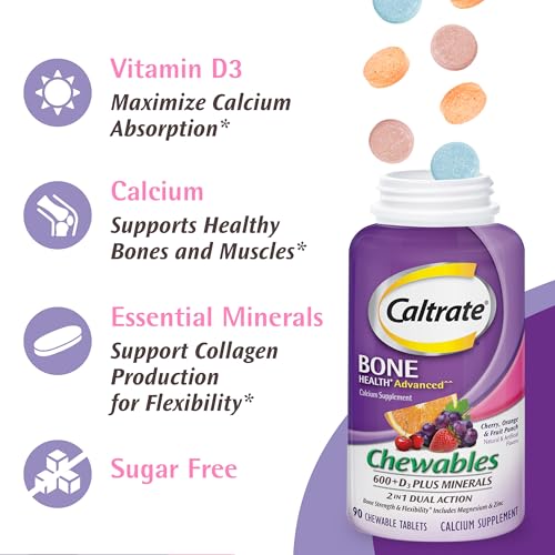 Caltrate Chewables 600 Plus D3 Plus Minerals Calcium Vitamin D Supplement, Cherry, Orange and Fruit Punch - 60 Count V13831