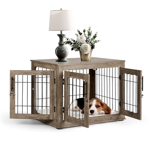 Greige Wooden Dog Crate with Bed Mat E104453