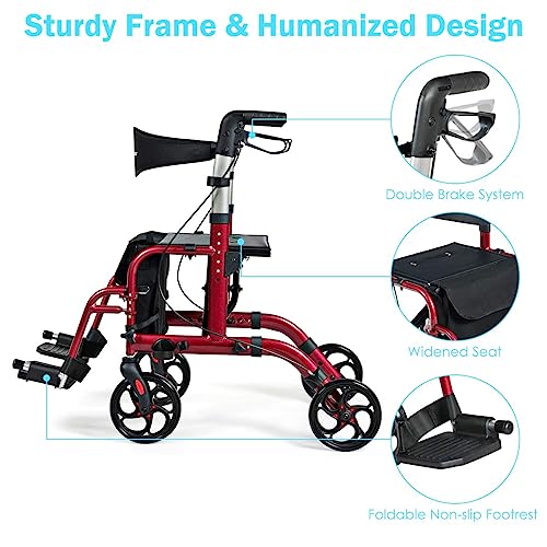 2 in 1 Folding Rollator Walker with Seat, 8-inch Wheel, Aluminium Frame L727