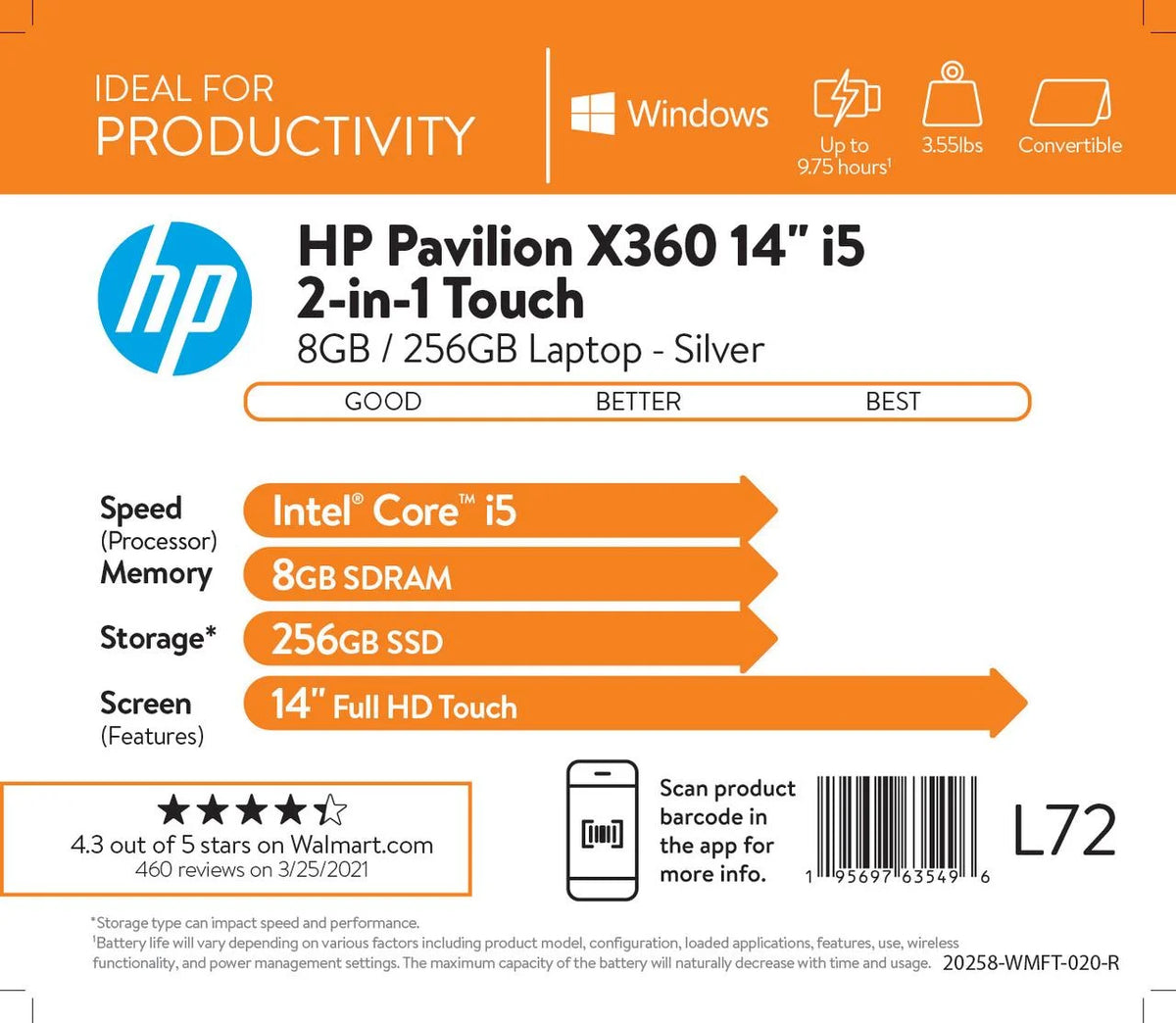 14" FHD Touch x360 Intel Core i5-1135G7 8GB RAM 256GB SSD Silver Laptop Y27076