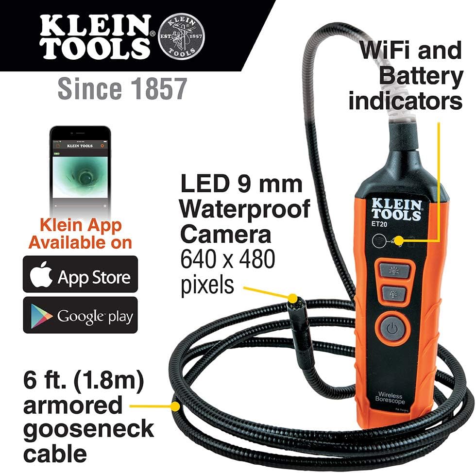 Wi-Fi Borescope Inspection Camera with Rechargeable Lithium-Ion Battery and LED Lights D25572