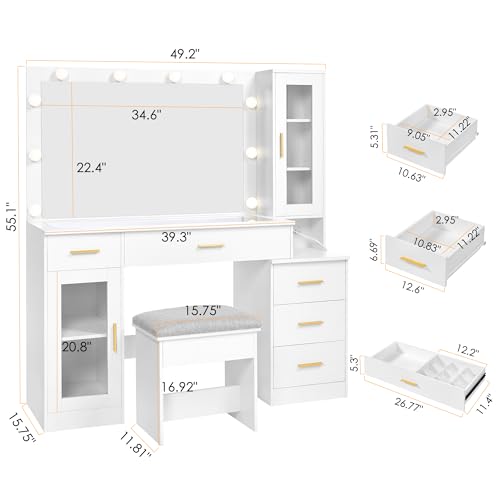 White Large Vanity Desk with Mirror and Lights, Glass Top, Stool, Power Outlet, Drawers, Cabinet W240400