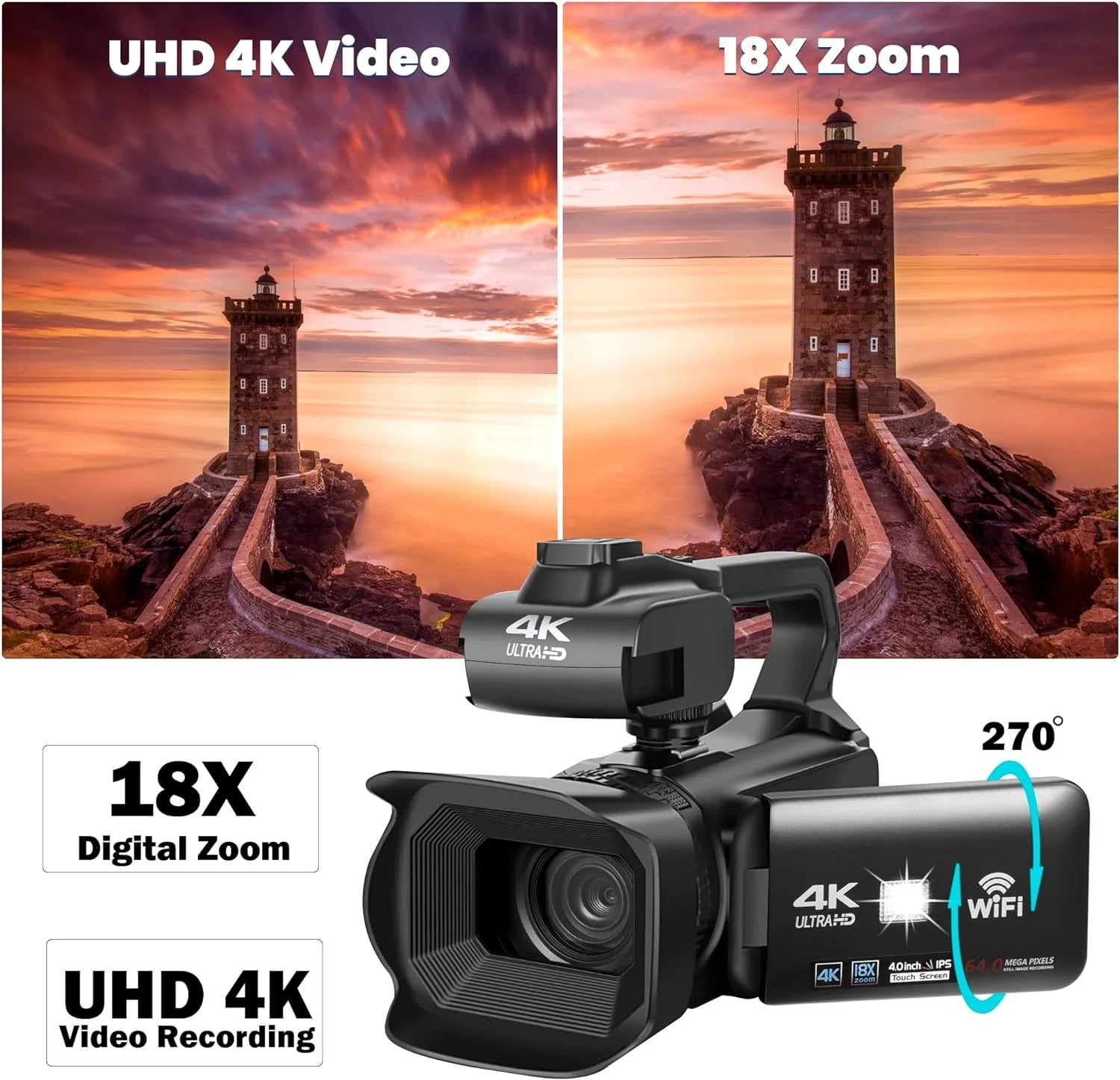 4k Video Camera Camcorder with 18X Digital Zoom, 64MP, 4.0-inch Rotating Touchscreen, 64GB SD Card, Black Q511