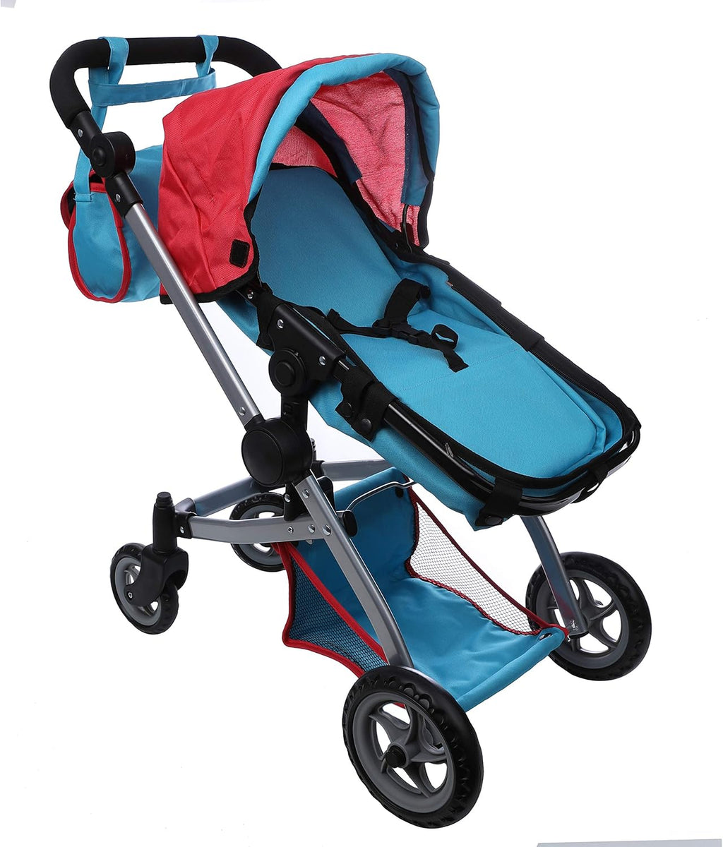 Red and Blue Deluxe Doll Pram with Swiveling Wheels and Adjustable Handle M444