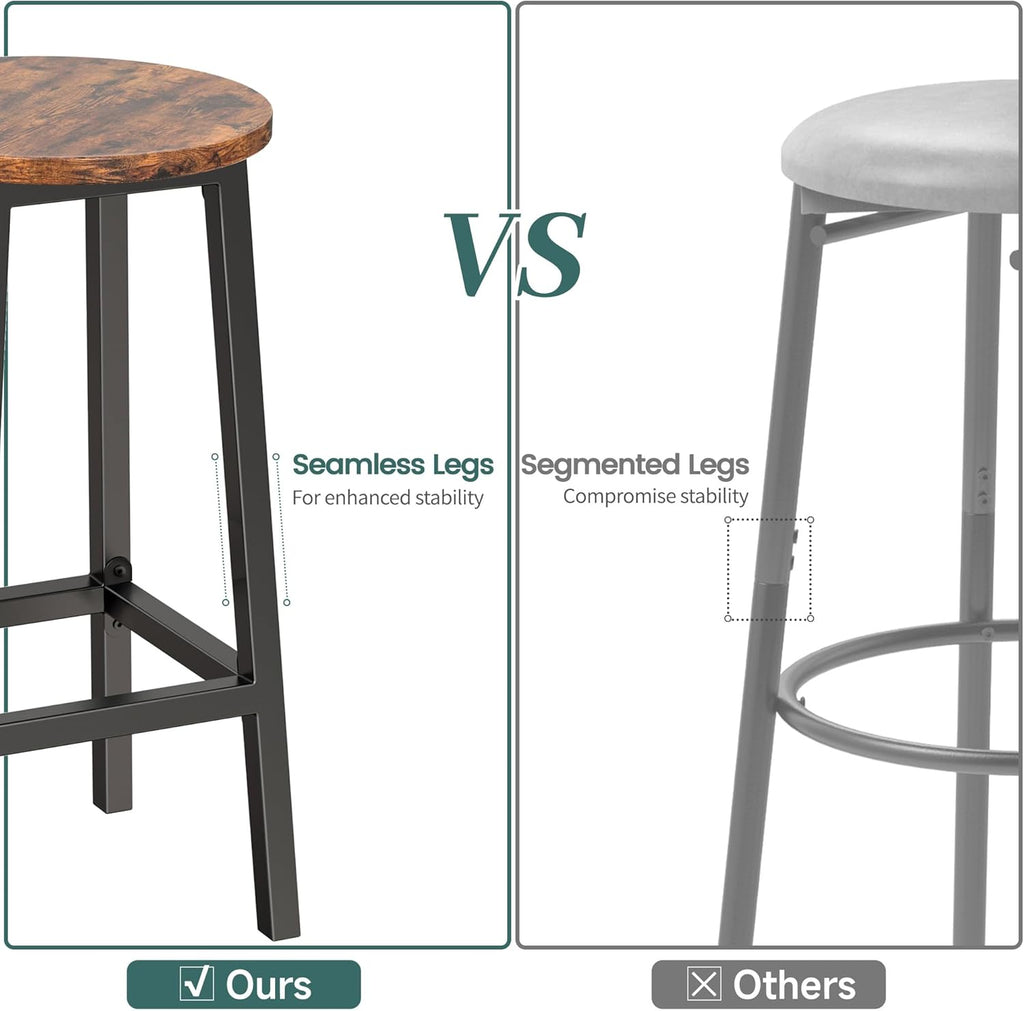 Set of 2 Bar Stools with Footrest, 25.6 Inch Tall, Rustic Brown and Black T3555