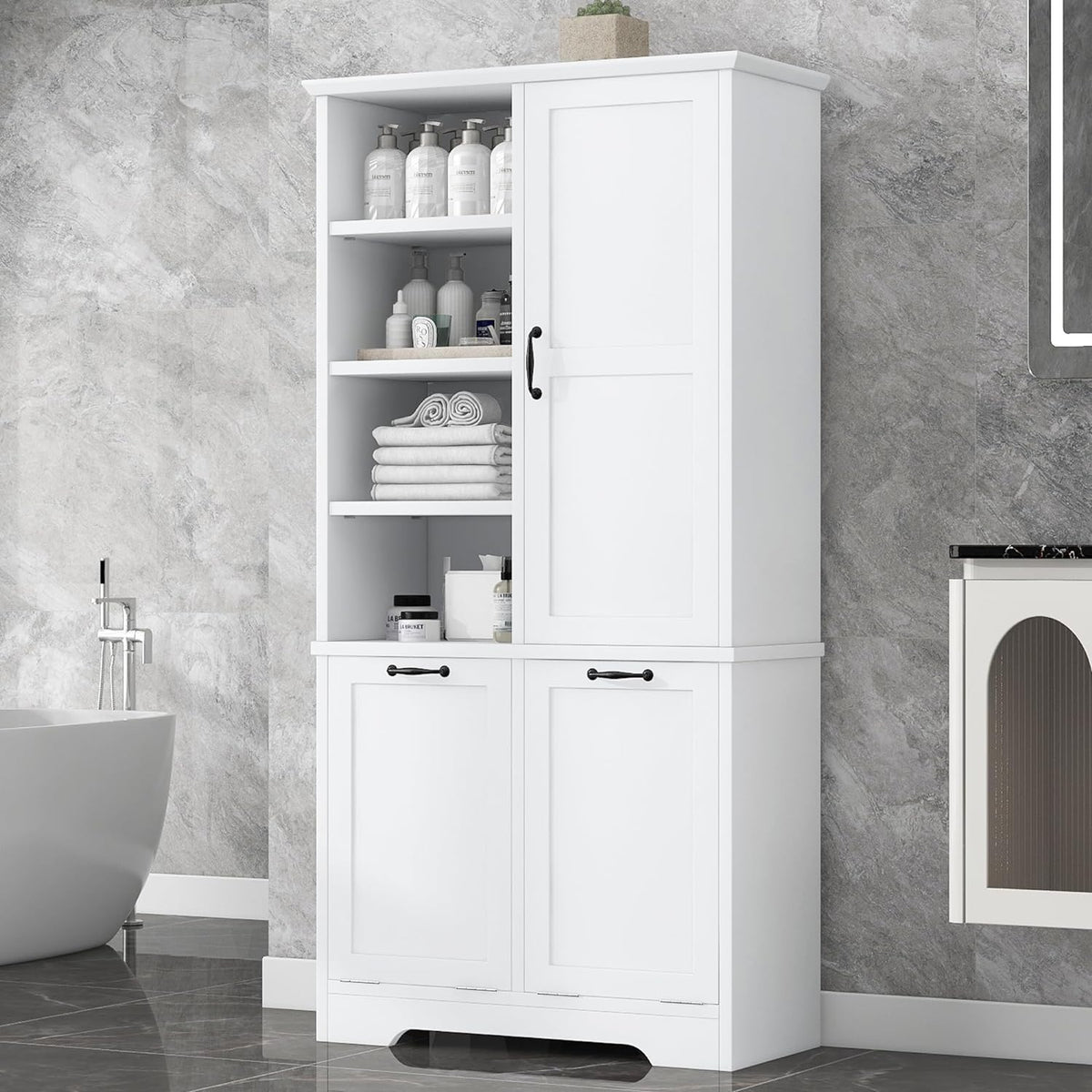 White Tall Bathroom Storage Cabinet with Laundry Hamper L26077