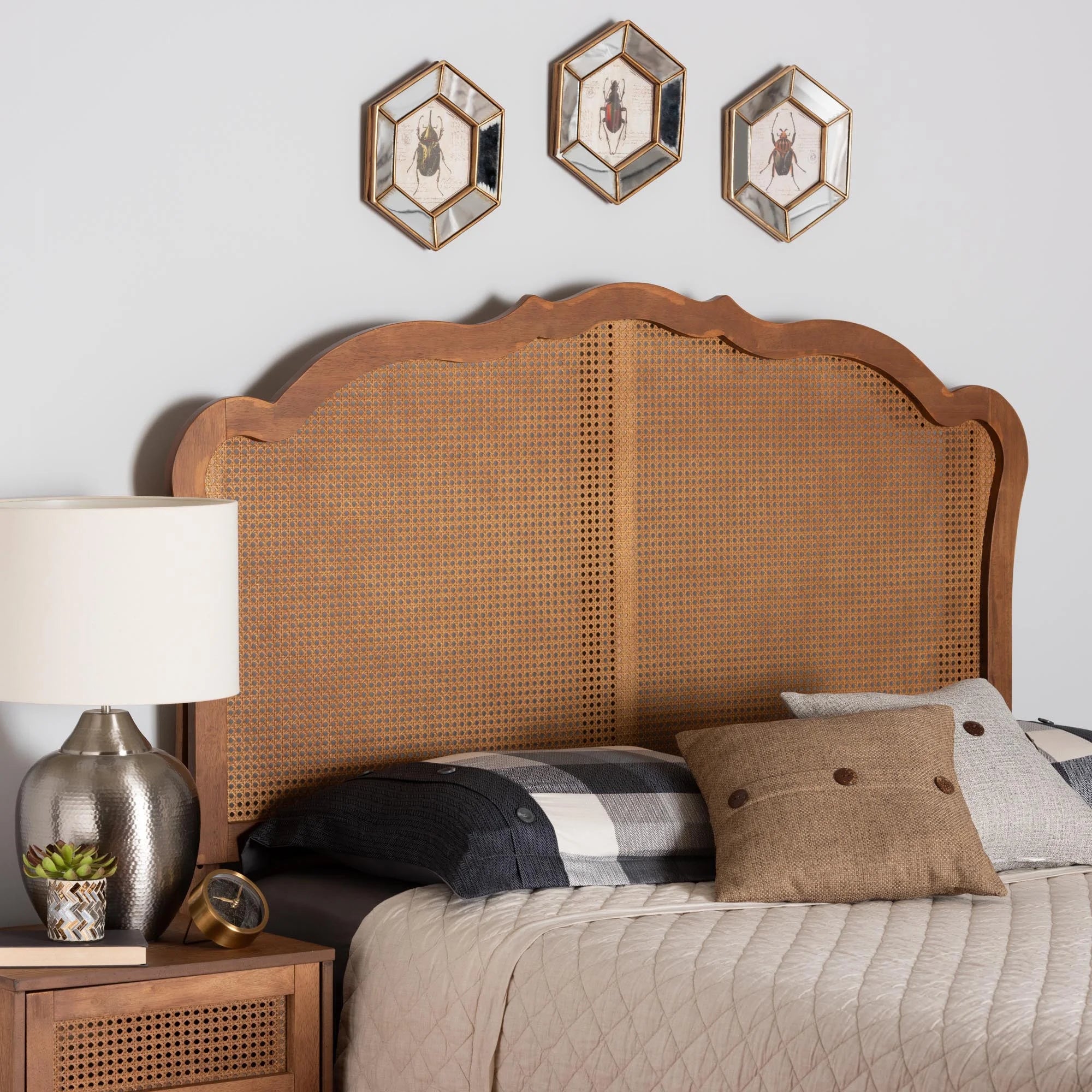 Ash Walnut Finished Wood Queen Size Headboard with Rattan X154645