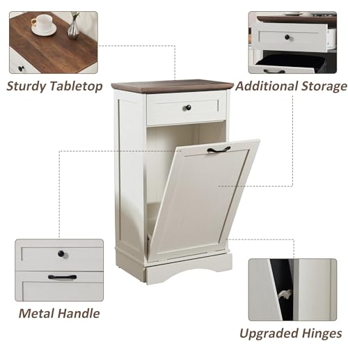 White 13 Gallons Wood Trash Cabinet with Hideaway Drawer S5343