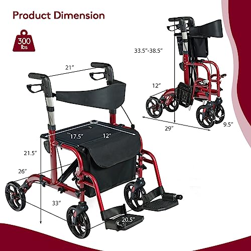 2 in 1 Folding Rollator Walker with Seat, 8-inch Wheel, Aluminium Frame L727