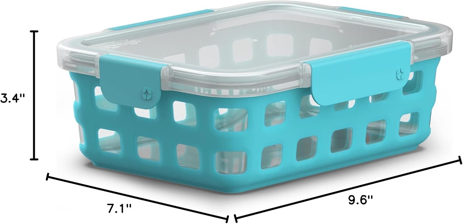 Sky Blue Glass Food Storage Container with Silicone Sleeve and Airtight Lid D734305