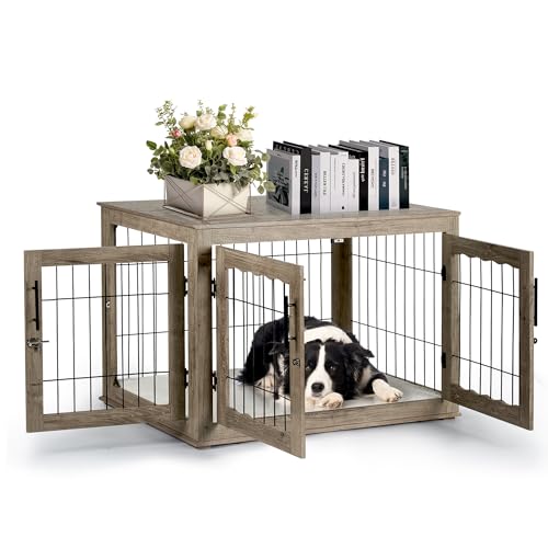 Greige Wooden Dog Crate with Bed Mat E104453