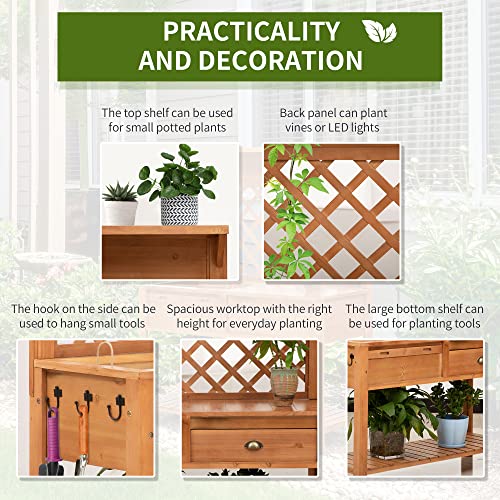 Outsunny Garden Potting Bench, Outdoor Wooden Workstation Table with Metal Screen, Drawer, Hooks, Storage Shelf, and Lattice Back L4437