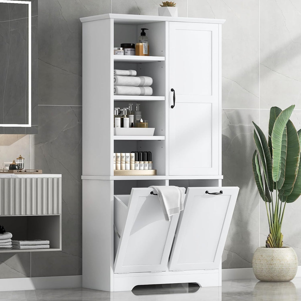 White Tall Bathroom Storage Cabinet with Laundry Hamper L26077