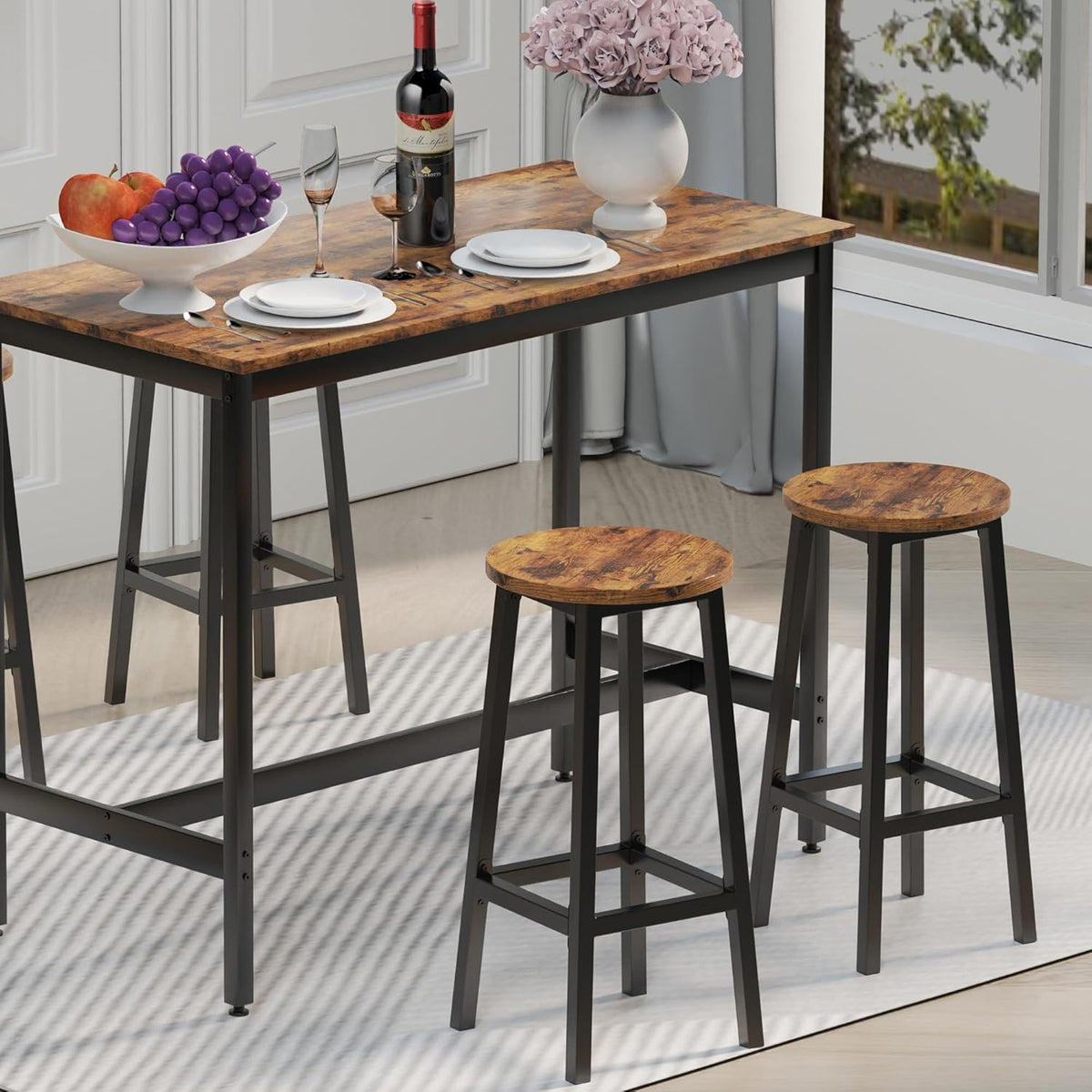 Set of 2 Bar Stools with Footrest, 25.6 Inch Tall, Rustic Brown and Black T3555