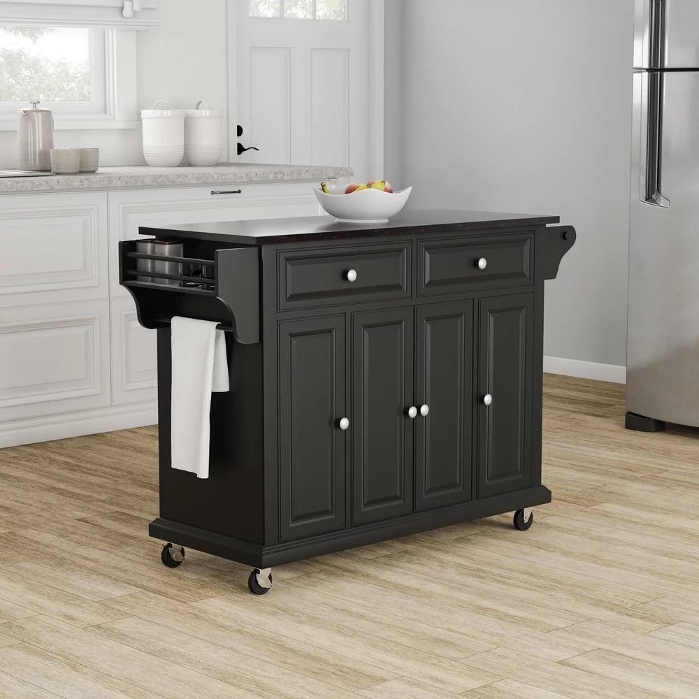 Black Wood Kitchen Cart with Solid Black Granite Top O493128