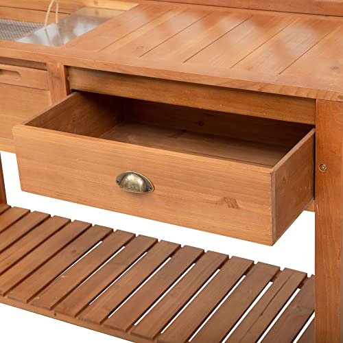 Outsunny Garden Potting Bench, Outdoor Wooden Workstation Table with Metal Screen, Drawer, Hooks, Storage Shelf, and Lattice Back L4437