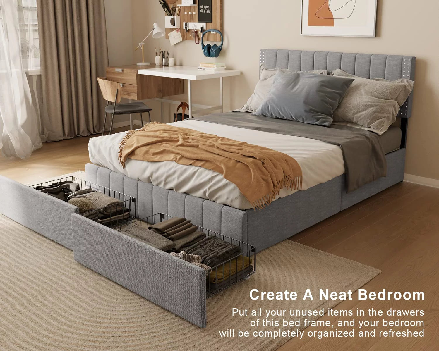 Light Grey Full Size Bed Frame with Storage Drawers L5521