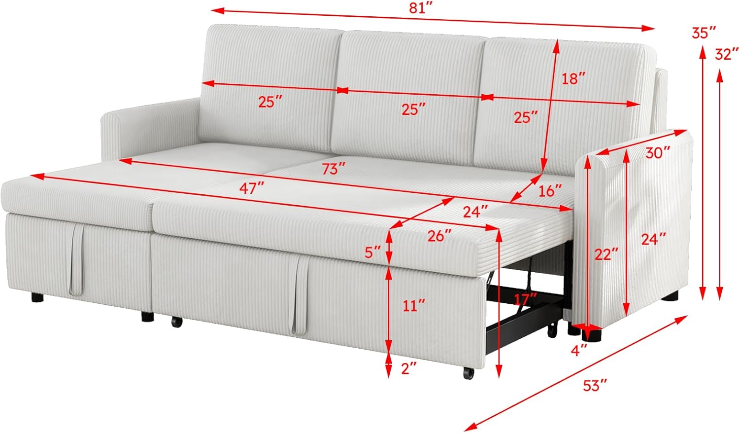 Beige Corduroy L-Shaped Sleeper Sofa with Storage Chaise and 2 Pillows I62279