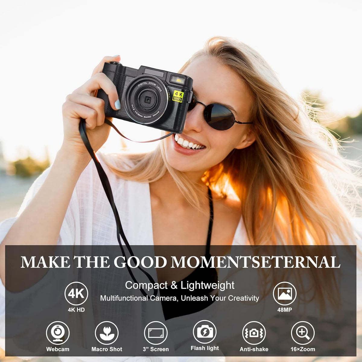 48MP 4K Digital Camera with 16X Digital Zoom Macro Camera, 3’’180°Flip Screen Compact Video Camera with Liftable Flash, SD Card&2 Batteries G3662