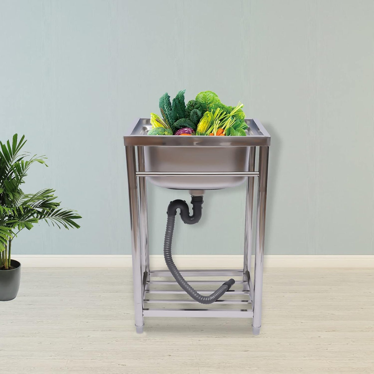 Single Compartment Stainless-Steel Single Bowl Commercial Kitchen Sink with Storage Shelve Q563