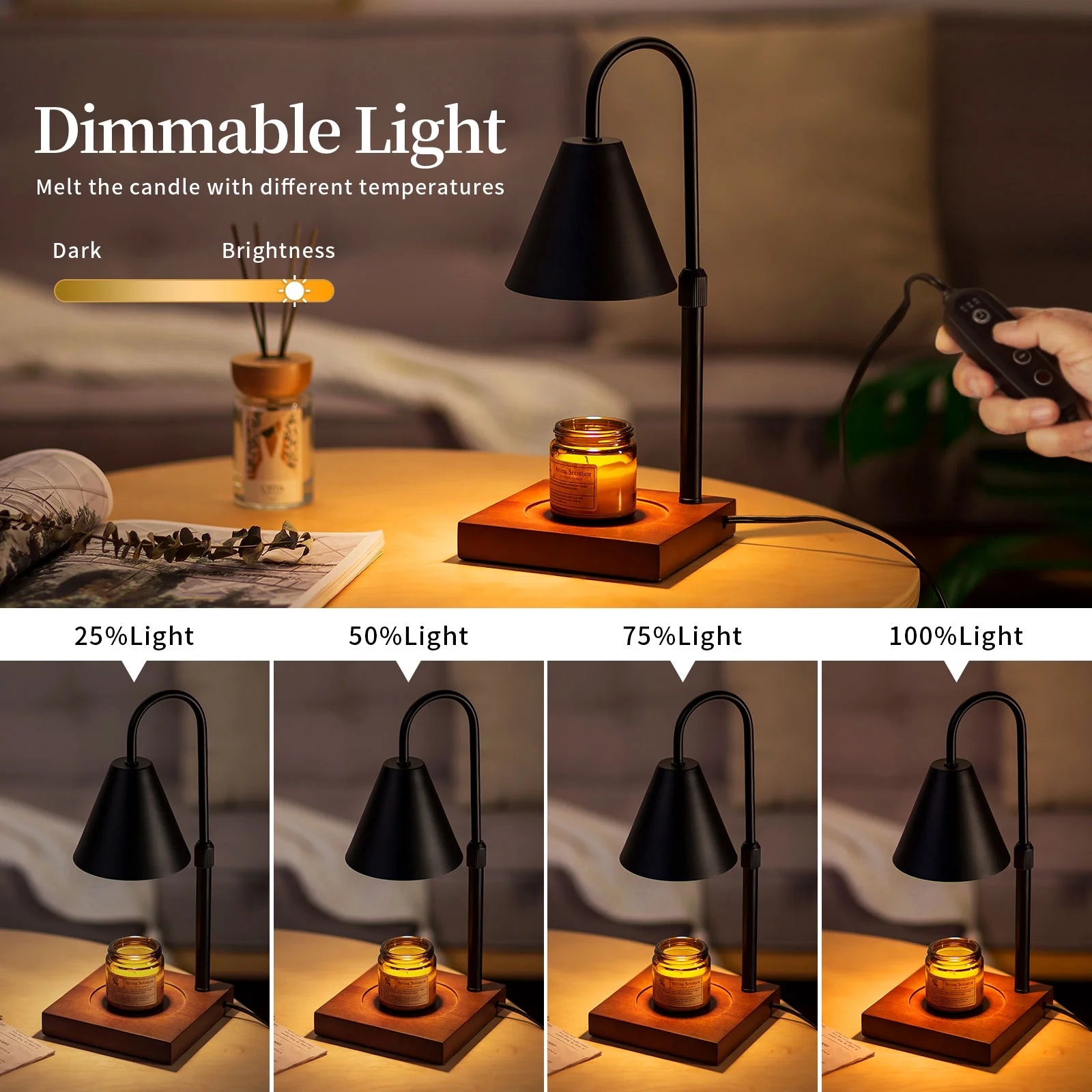 Black Walnut Electric Candle Warmer with Adjustable Height Dimmable Light 2 Bulbs D2351