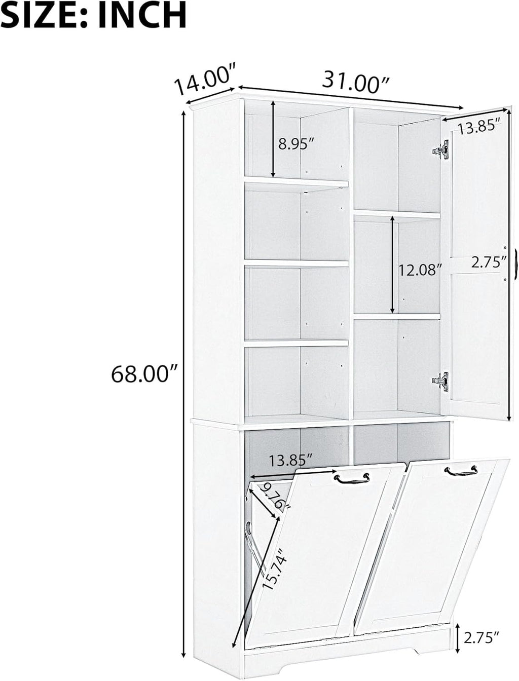 White Tall Bathroom Storage Cabinet with Laundry Hamper L26077
