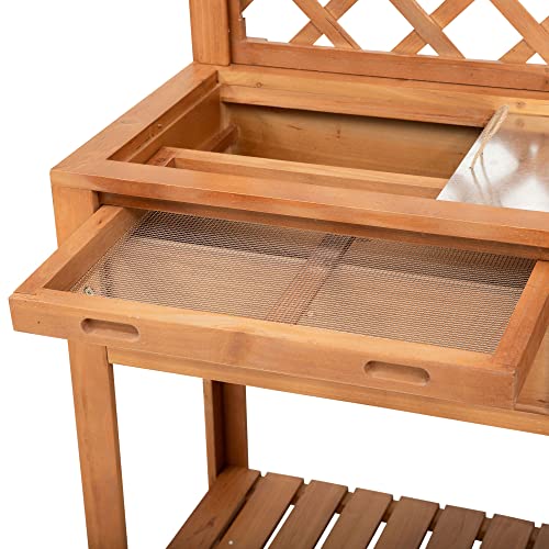 Outsunny Garden Potting Bench, Outdoor Wooden Workstation Table with Metal Screen, Drawer, Hooks, Storage Shelf, and Lattice Back L4437