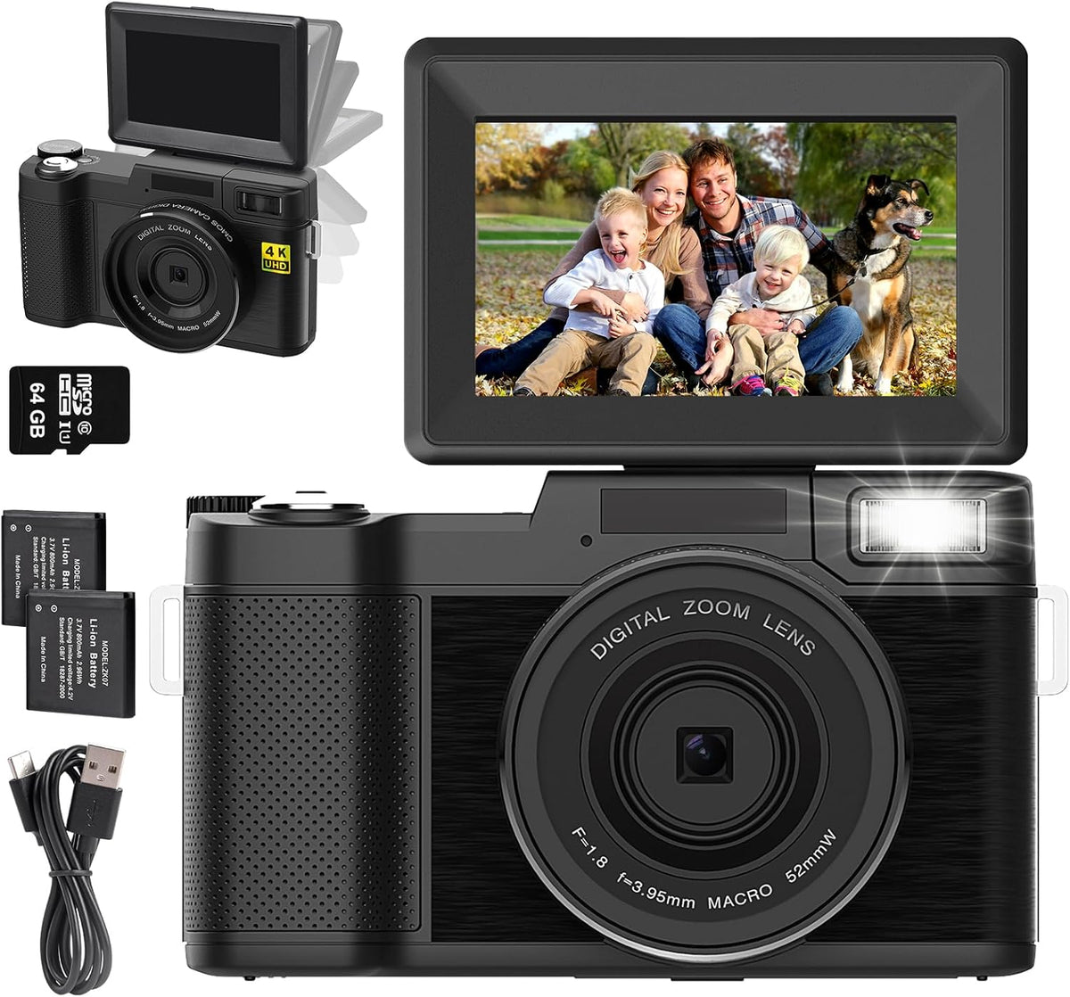 48MP 4K Digital Camera with 16X Digital Zoom Macro Camera, 3’’180°Flip Screen Compact Video Camera with Liftable Flash, SD Card&2 Batteries G3662