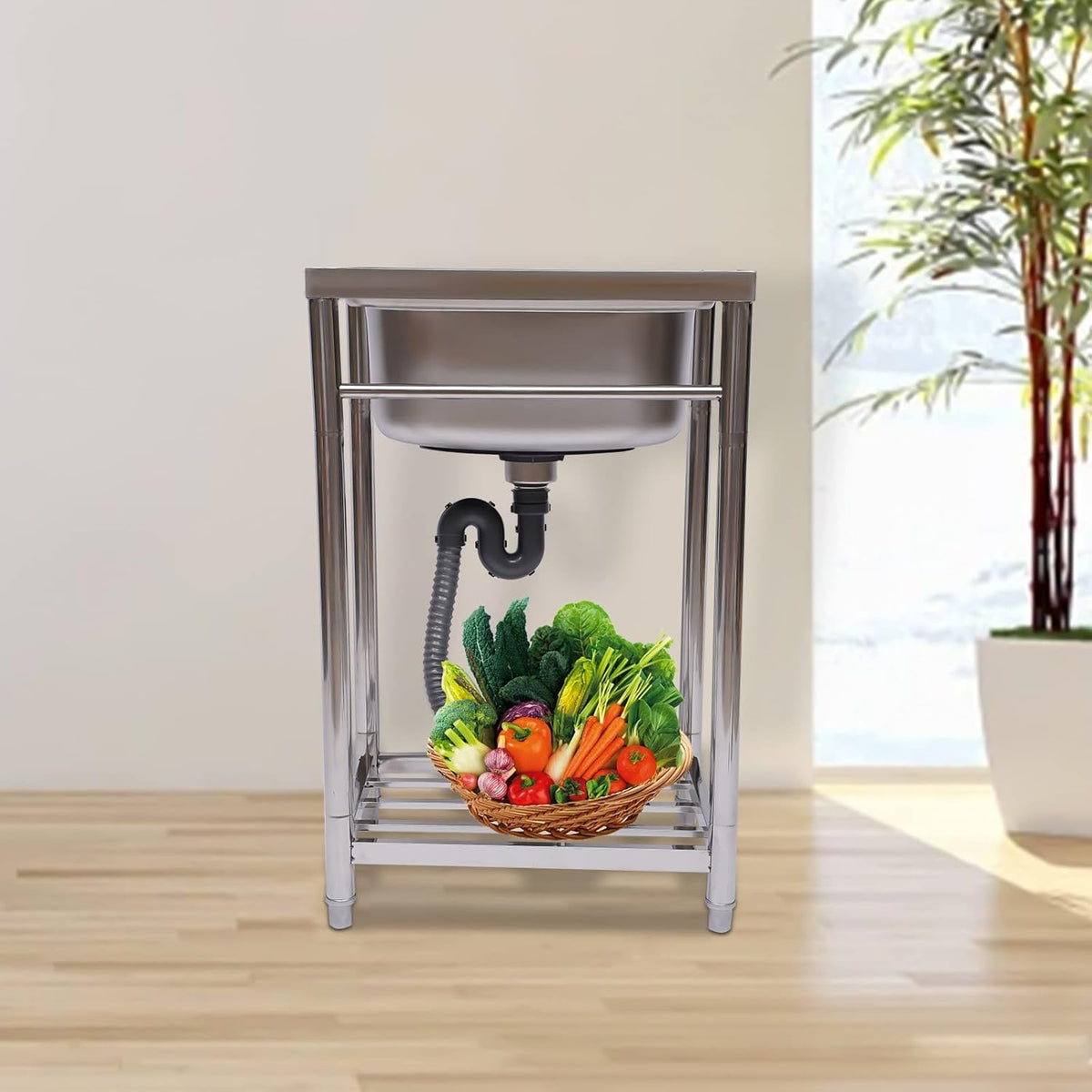 Single Compartment Stainless-Steel Single Bowl Commercial Kitchen Sink with Storage Shelve Q563