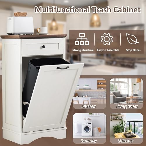 White 13 Gallons Wood Trash Cabinet with Hideaway Drawer S5343