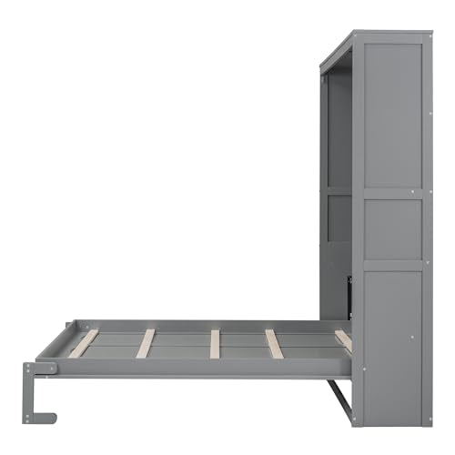 Gray Queen Murphy Bed Frame with Storage Shelves F370