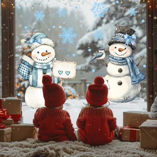 13.8 x 35.4'' Extra Large Christmas Window Clings 3 Sheets Blue Snowman Snowflake Window Stickers Double Sided Glass Decals F5871