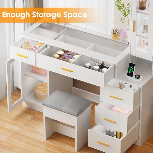 White Large Vanity Desk with Mirror and Lights, Glass Top, Stool, Power Outlet, Drawers, Cabinet W240400