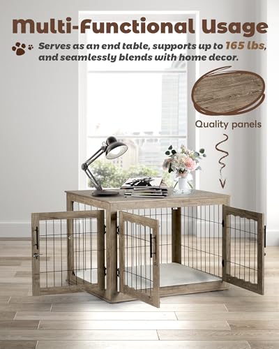 Greige Wooden Dog Crate with Bed Mat E104453