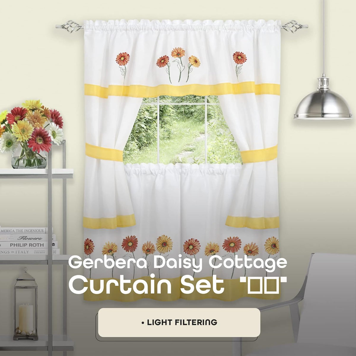 Embellished Cottage Window Curtain Set - 58 Inch Width, 36 Inch Length - Light Filtering Drapes X23446