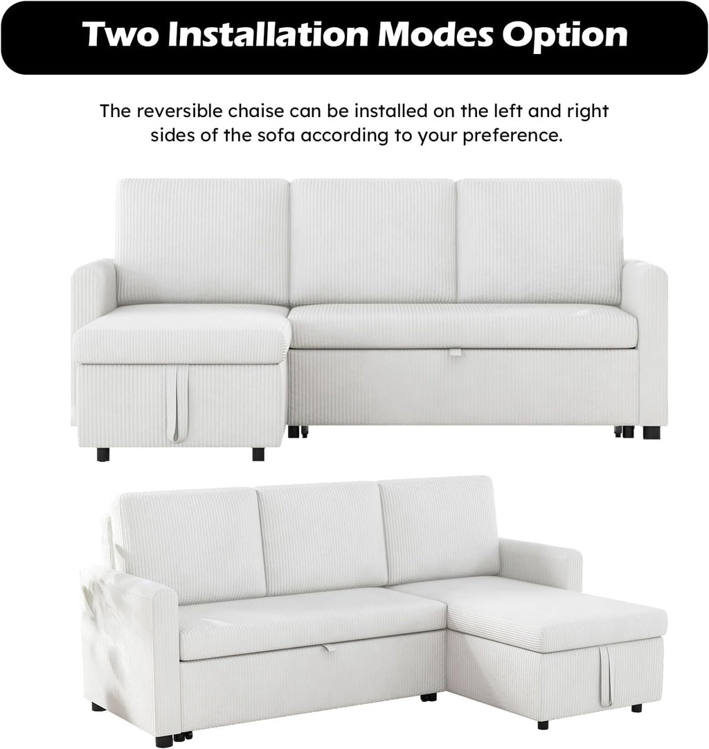 Beige Corduroy L-Shaped Sleeper Sofa with Storage Chaise and 2 Pillows I62279