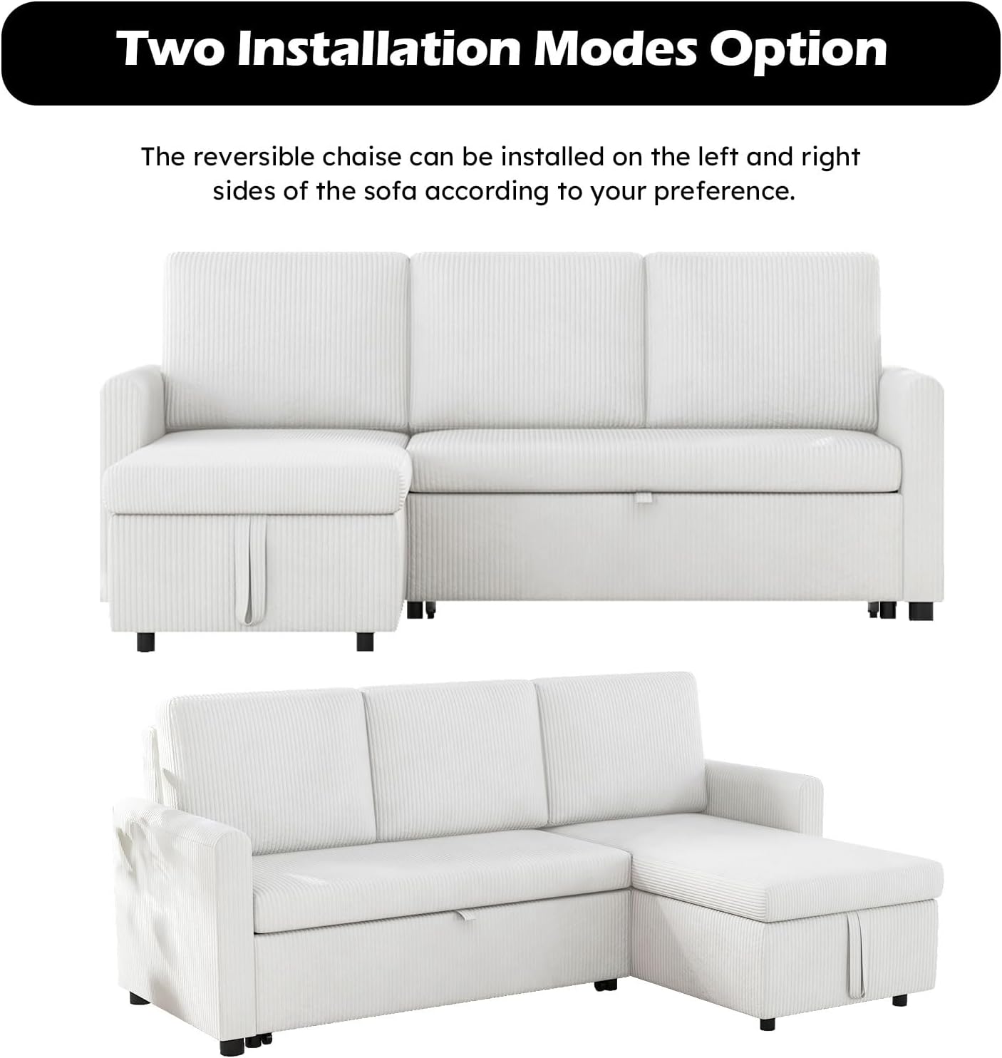 Beige Corduroy L-Shaped Sleeper Sofa with Storage Chaise and 2 Pillows I62279