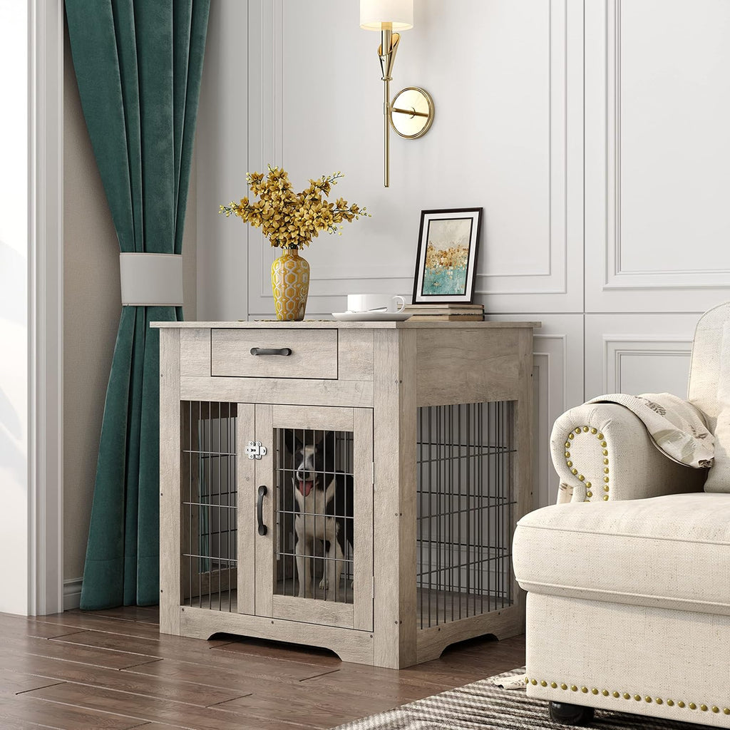 Gray Dog Crate End Table with Drawer, Double Doors, 29.9'' W x 24.8'' D x 30.71'' H T75714
