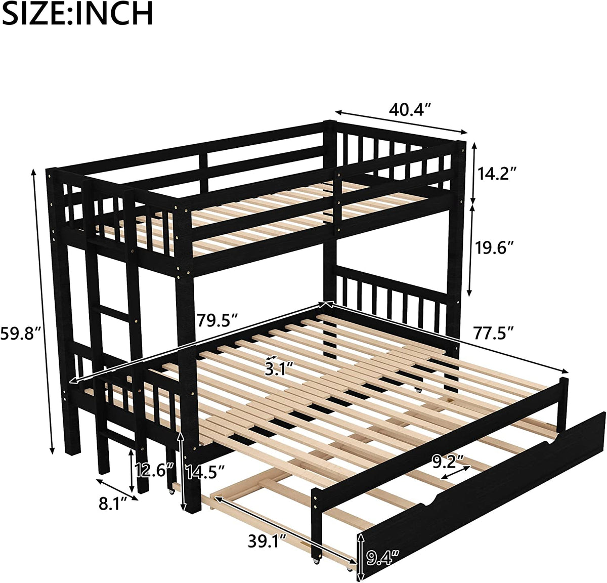Over King Solid Wood Bunk Bed with Trundle (Espresso) D484