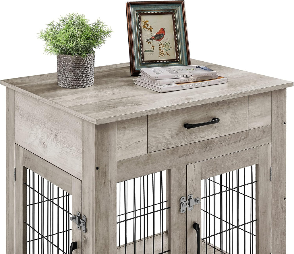 Gray Dog Crate End Table with Drawer, Double Doors, 29.9'' W x 24.8'' D x 30.71'' H T75714
