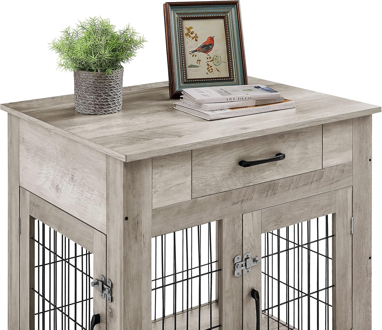 Gray Dog Crate End Table with Drawer, Double Doors, 29.9'' W x 24.8'' D x 30.71'' H T75714