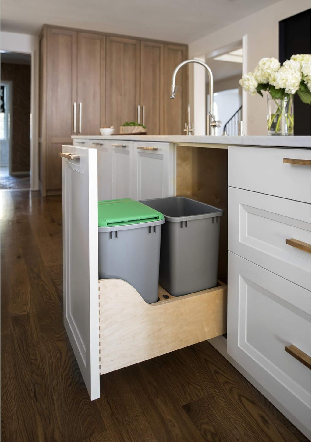 Double 35-Quart Maple Bottom Mount Kitchen Pullout Waste Container Trash Can with Soft-Close Slides, Silver C95067