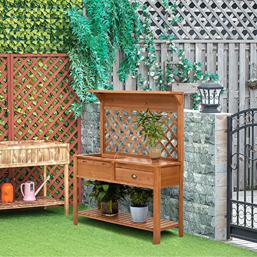 Outsunny Garden Potting Bench, Outdoor Wooden Workstation Table with Metal Screen, Drawer, Hooks, Storage Shelf, and Lattice Back L4437