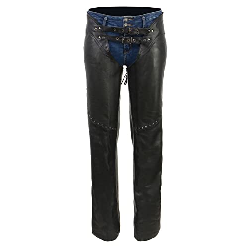 Black Low-Rise Waist Front Double Buckle Rivet Detailing Motorcycle Chaps R864