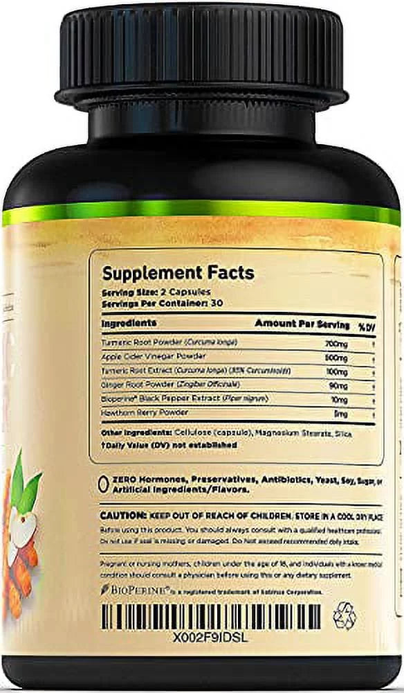 Turmeric Curcumin with Ginger & Apple Cider Vinegar, BioPerine Black Pepper, 95% Curcuminoids, Antioxidant Supplement W256