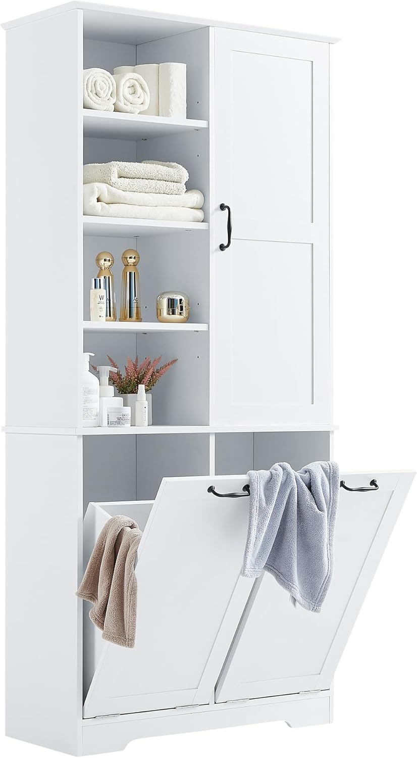 White Tall Bathroom Storage Cabinet with Laundry Hamper L26077
