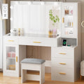 White Large Vanity Desk with Mirror and Lights, Glass Top, Stool, Power Outlet, Drawers, Cabinet W240400