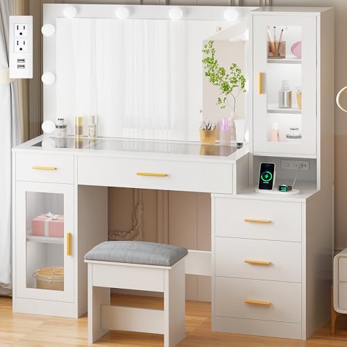 White Large Vanity Desk with Mirror and Lights, Glass Top, Stool, Power Outlet, Drawers, Cabinet W240400