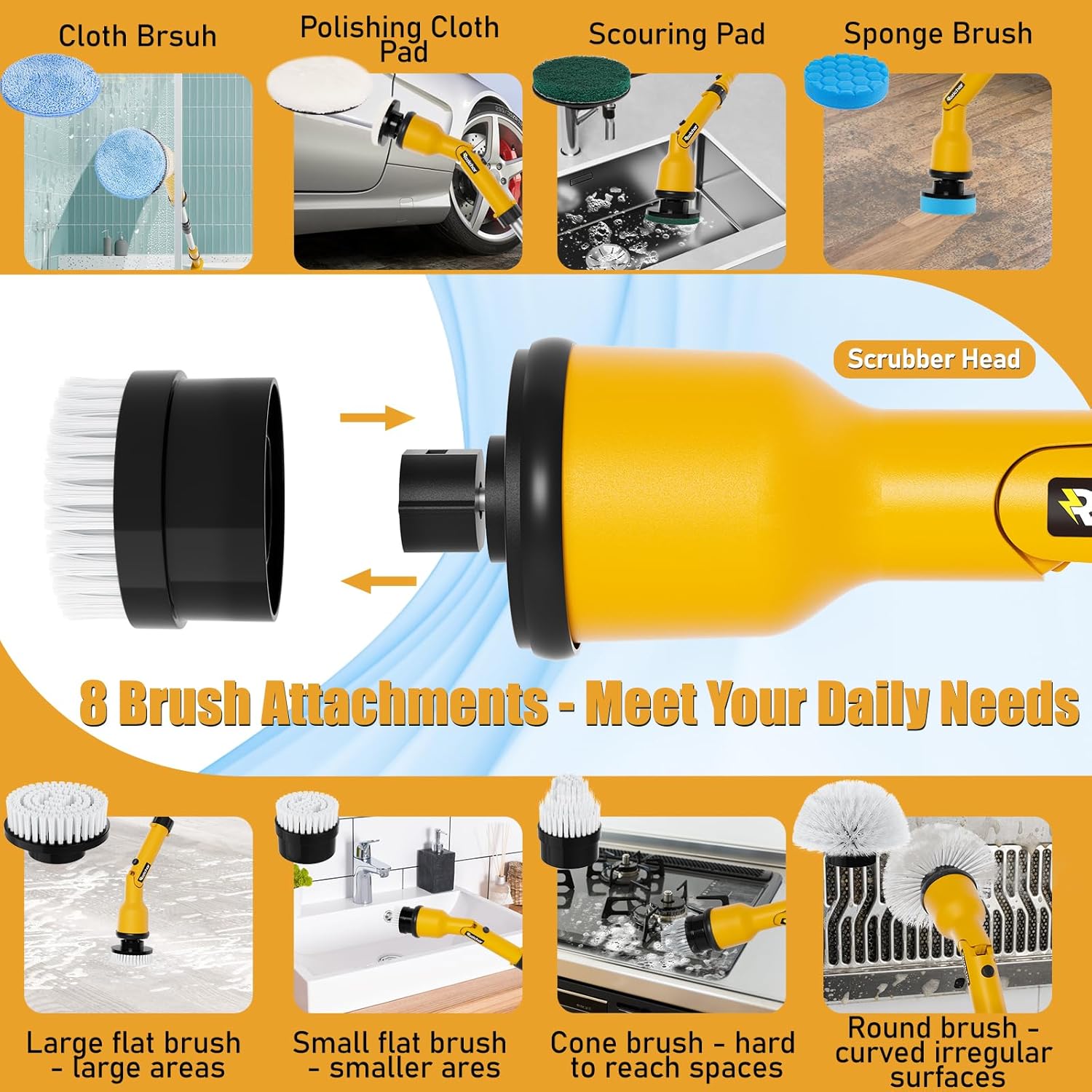 Cordless Power Spin Scrubber with Adjustable Extension Arm and 8 Replaceable Cleaning Heads A908350
