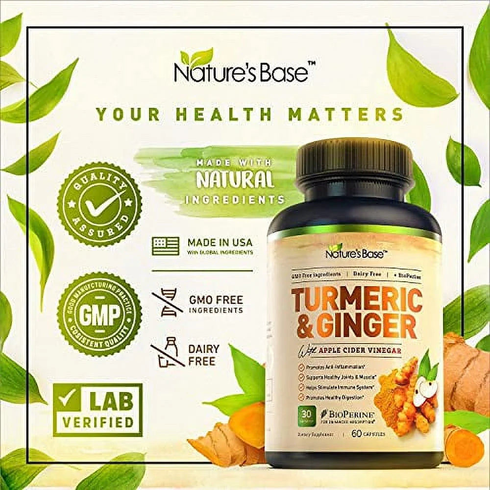 Turmeric Curcumin with Ginger & Apple Cider Vinegar, BioPerine Black Pepper, 95% Curcuminoids, Antioxidant Supplement W256